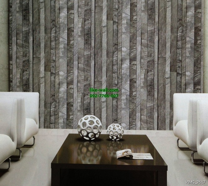 ตัวอย่างการติดวอลเปเปอร์ติดผนัง มุมห้องรับแขก ลายหินอ่อน