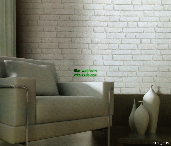ตัวอย่างการติดวอลเปเปอร์ติดผนัง มุมห้องรับแขก ลายก้อนอิฐ