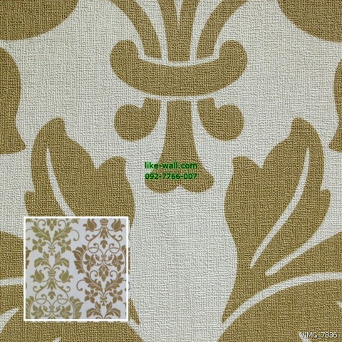 วอลเปเปอร์ติดผนังภายใน ลายหลุยส์ สีเขียวออกเหลือง พื้นหลังสีขาว