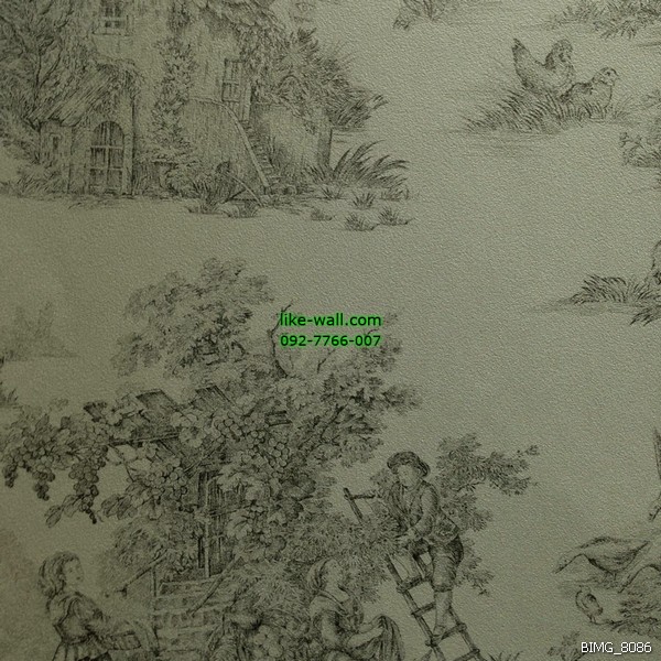 วอลเปเปอร์ติดผนัง ภายในห้อง ลายชาวบ้านและหมู่บ้านสมัยโบราณ สีดำเทา