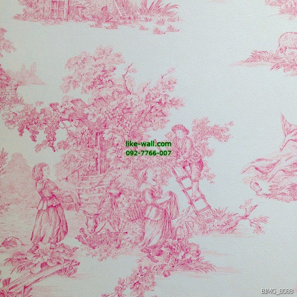 วอลเปเปอร์ติดผนัง ภายในห้อง ลายชาวบ้านและหมู่บ้านสมัยโบราณ สีชมพู