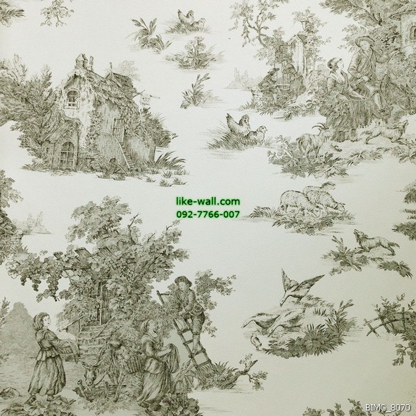 วอลเปเปอร์ติดผนัง ภายในห้อง ลายชาวบ้านและหมู่บ้านสมัยโบราณ สีดำ พื้นหลังสีขาว