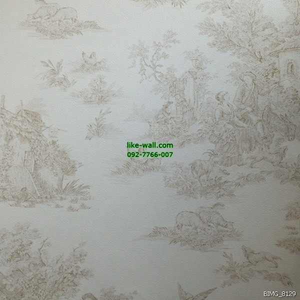 วอลเปเปอร์ติดผนัง ภายในห้อง ลายชาวบ้านและหมู่บ้านสมัยโบราณ สีน้ำตาล พื้นหลังสีขาว