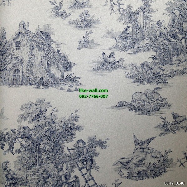 วอลเปเปอร์ติดผนัง ภายในห้อง ลายชาวบ้านและหมู่บ้านสมัยโบราณ สีน้ำเงิน พื้นหลังสีขาว