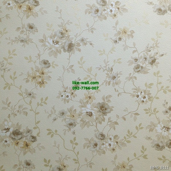 วอลเปเปอร์ติดผนัง ลายดอกไม้ สไตล์วินเทจ สีน้ำตาลปนเทา พื้นหลังสีขาว