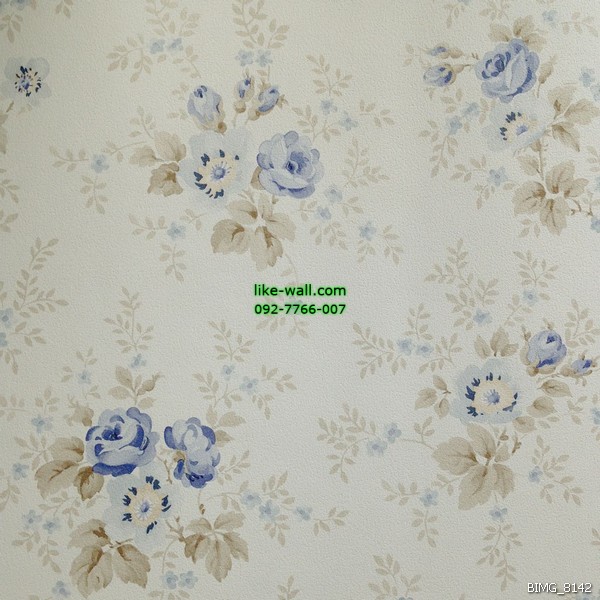 วอลเปเปอร์ติดผนัง ลายดอกไม้ สไตล์วินเทจ สีฟ้า พื้นหลังสีขาว