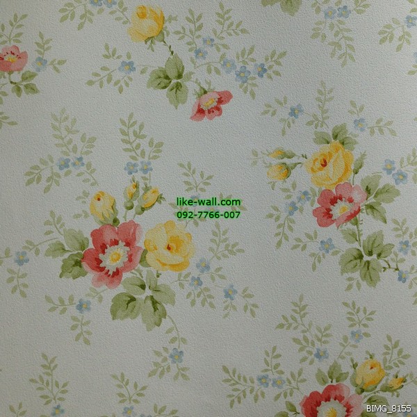 วอลเปเปอร์ติดผนัง ลายดอกไม้ สไตล์วินเทจ สีแดง-เหลือง พื้นหลังสีขาว