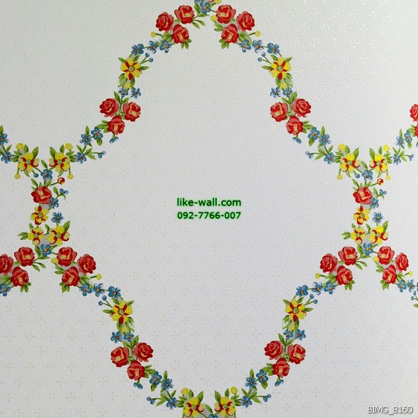 วอลเปเปอร์ติดผนังภายในห้อง ลายดอกไม้เล็ก สีแดง-เหลือง พื้นหลังสีขาว