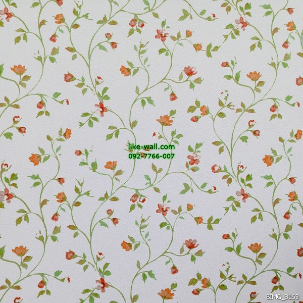 วอลเปเปอร์ติดผนังภายในห้อง ลายดอกไม้ขด สไตล์วินเทจ สีแดงส้ม พื้นหลังสีขาว