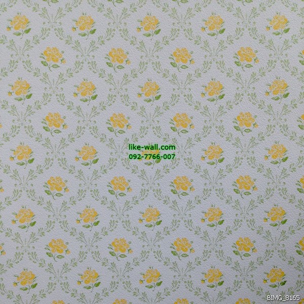 วอลเปเปอร์ติดผนังภายในห้อง ลายดอกกุหลาบในในกรอบหลุยส์ สีเหลือง พื้นหลังสีขาว