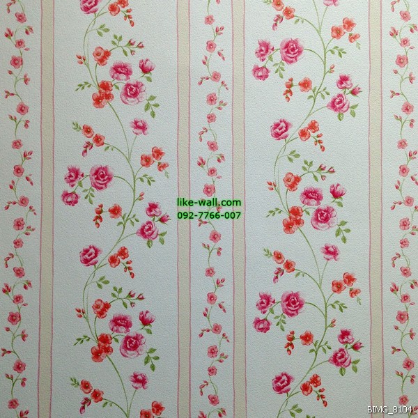 วอลเปเปอร์ติดผนังภายในห้อง ลายทางตรงดอกกุหลาบ สไตล์วินเทจ สีชมพู