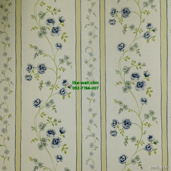 วอลเปเปอร์ติดผนังภายในห้อง ลายทางตรงดอกกุหลาบ สไตล์วินเทจ สีฟ้า