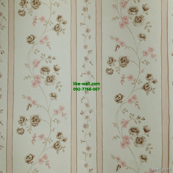 วอลเปเปอร์ติดผนังภายในห้อง ลายทางตรงดอกกุหลาบ สไตล์วินเทจ สีน้ำตาลชมพู