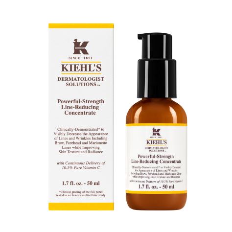 Kiehl's Powerful-Strength Line-Reducing Concentrate with 10.5% Pure Vitamin C 50 ml. เซรั่มวิตามินซีบริสุทธิ์ 10.5% ช่วยฟื้นบำรุงผิวจากความร่วงโรย ทำให้ผิวดูเนียนขึ้น สีผิวสม่ำเสมอ ลดเลือนริ้วรอยใต้ริมฝีปาก ริ้วรอยข้างจมูก รอบปาก คาง รอยต