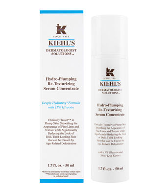 Kiehl's Hydro-Plumping Re-Texturizing Serum Concentrate 50ml. เซรั่มนวัตกรรมใหม่ ช่วยฟื้นฟูสภาพผิว ให้ผิวฟูดูอิ่มเอิบ ลดเลือนริ้วรอย ผสานส่วนผสมจากธรรมชาติช่วยเสริมความชุ่มชื้นให้ผิวดูอิ่มเอิบ รู้สึกถึงผลลัพธ์ที่ดีขึ้น 7 ประการใน 7 วัน ช่