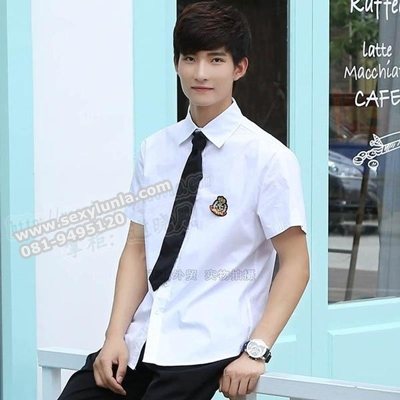 ++พร้อมส่ง++เสื้อนักเรียนแขนสั้น+ตราโรงเรียน+เนคไทสีดำ