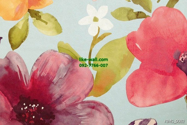 วอลเปเปอร์ติดผนัง ลายดอกไม้หลากสี พื้นหลังสีฟ้า