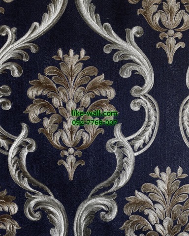 วอลเปเปอร์ติดผนัง ลายหลุยส์ขนาดใหญ่ สีน้ำตาล พื้นน้ำเงิน