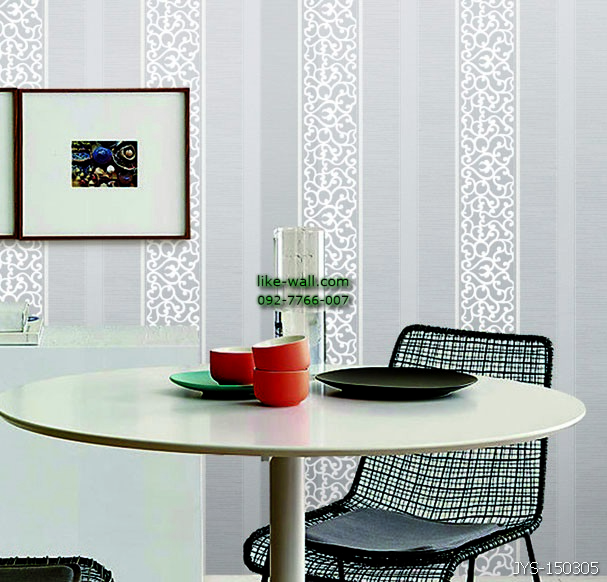 งานตัวอย่างการติดวอลเปเปอร์ติดผนัง ลายเส้นขดในทางตรง สไตล์หลุยส์ 