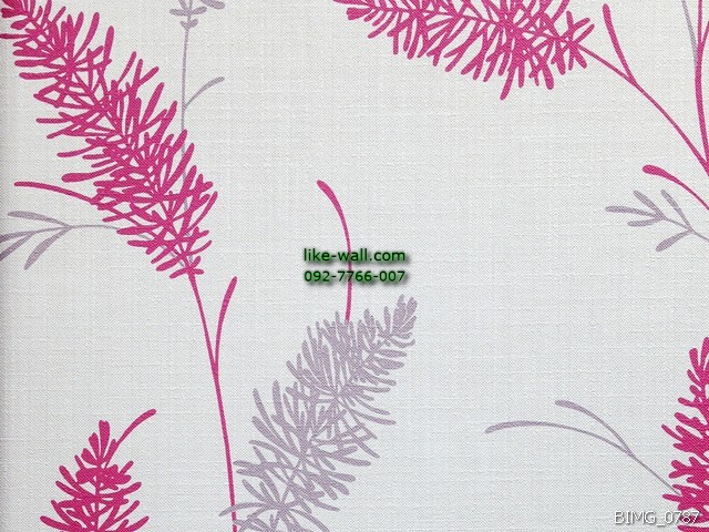  วอลเปเปอร์ติดผนัง ลายใบไม้หลากสี สีชมพู-เทา พื้นหลังสีขาว