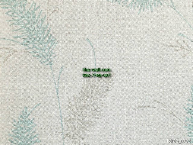  วอลเปเปอร์ติดผนัง ลายใบไม้หลากสี สีฟ้า-เทา พื้นหลังสีขาว