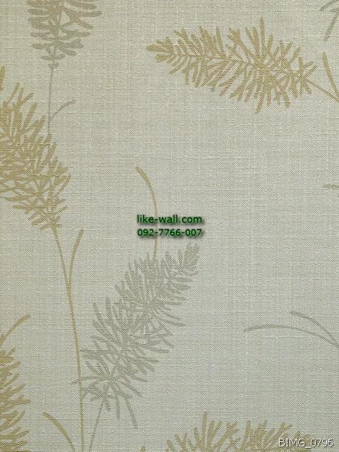  วอลเปเปอร์ติดผนัง ลายใบไม้หลากสี สีน้ำตาลเหลือง-เทา พื้นหลังสีขาว