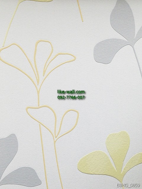 วอลเปเปอร์ติดผนัง ลายใบไม้สไตล์โมเดิร์น สีเหลือง-เทา พื้นหลังสีขาว
