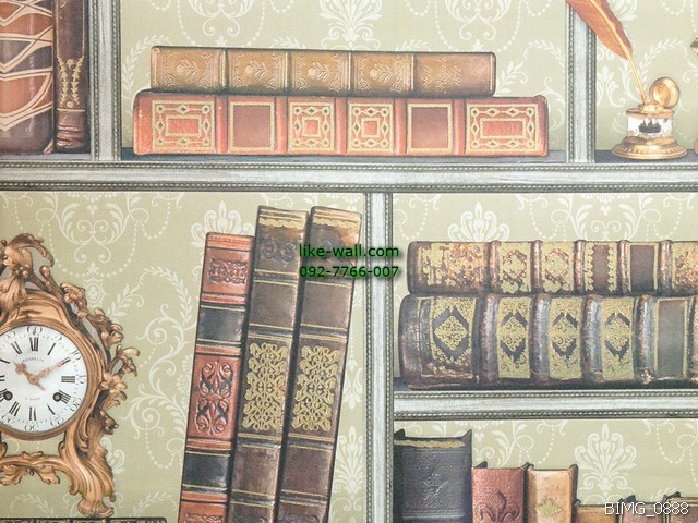 วอลเปเปอร์ติดผนัง ลายชั้นวางหนังสือ สีครีม