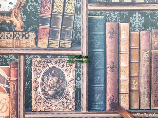 วอลเปเปอร์ติดผนัง ลายชั้นวางหนังสือ สีเขียวเข้ม