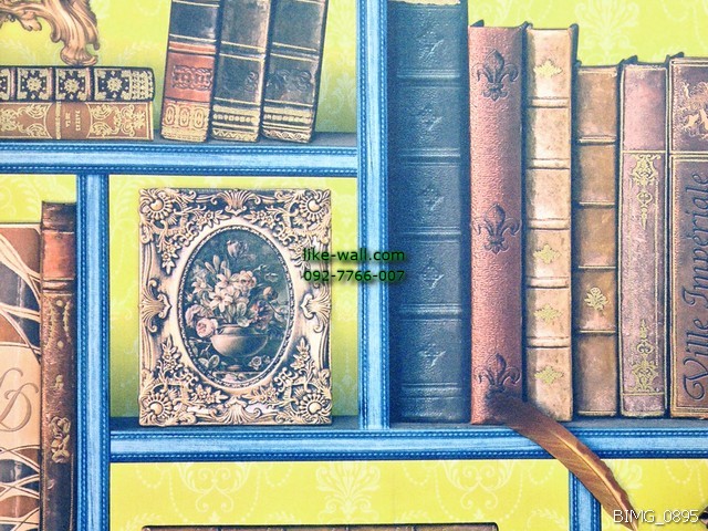 วอลเปเปอร์ติดผนัง ลายชั้นวางหนังสือ สีเหลือง