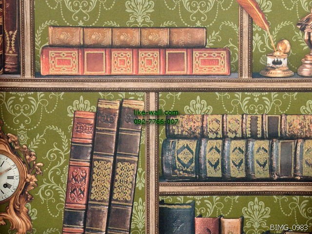 วอลเปเปอร์ติดผนัง ลายชั้นวางหนังสือ สีเขียว