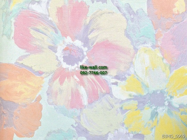 วอลเปเปอร์ติดผนัง ลายภาพวาดดอกไม้หลากสี พื้นหลังสีฟ้า