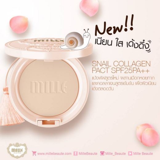 **พร้อมส่ง**Mille Snail Collagen Pact SPF25 PA++ แป้งพัฟคอลลลาเจนหอยทาก สูตรใหม่จากมิลเล่ ด้วยส่วนผสมสารบำรุงจากเมือกหอยทาก และคอลลาเจนสูตรเข้มข้น ที่ช่วยคงความชุ่มชื้นให้ผิวเนียนละมุน บำรุงผิวให้นุ่มนวล อ่อนเยาว์ขึ้น แลดูเปล่งประกายงดงามตลอดวัน