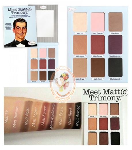 The Balm Meet Matt(e) Trimony Matte Eyeshadow Palette พาเลทอายแชร์โดเนื้อแมตต์ 9 สี ใหม่ล่าสุดจาก theBalm โทนสีน้ำตาล-ชมพูม่วง สามารถเลือกแต่งได้ทั้งโทนหวานสีชมพูอ่อนและโทนเข้มเซ็กซี่ เหมาะสำหรับคนที่ชอบเนื้อด้าน ไม่มีวิ้ง เฉดสีสวย แต่งง่าย เนื