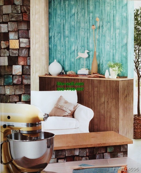 ตัวอย่างการติดวอลเปเปอร์ติดผนัง ลายแผ่นไม้ สีเขียว