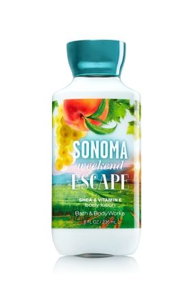 Bath & Body Works Sonoma Weekend Escape Shea & Vitamin E Body Lotion 236 ml. โลชั่นบำรุงผิวสุดพิเศษ กลิ่นหอมสดชื่นของลูกพีชและเปลือกไม้โอ๊ค กลิ่นนุ่มๆ อ่อนๆ โทนผลไม้คะ