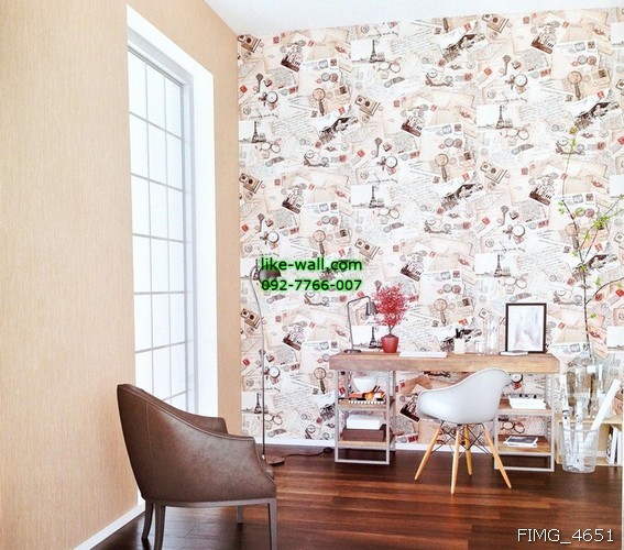 ตัวอย่างห้องทำงานตกแต่งด้วย วอลเปเปอร์ติดผนัง ลายโปสการ์ด