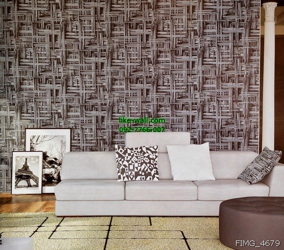 ตัวอย่างภายในห้องนั่งเล่น ตกแต่งด้วยวอลเปเปอร์ติดผนัง ลายเส้นตัด 3 มิติ