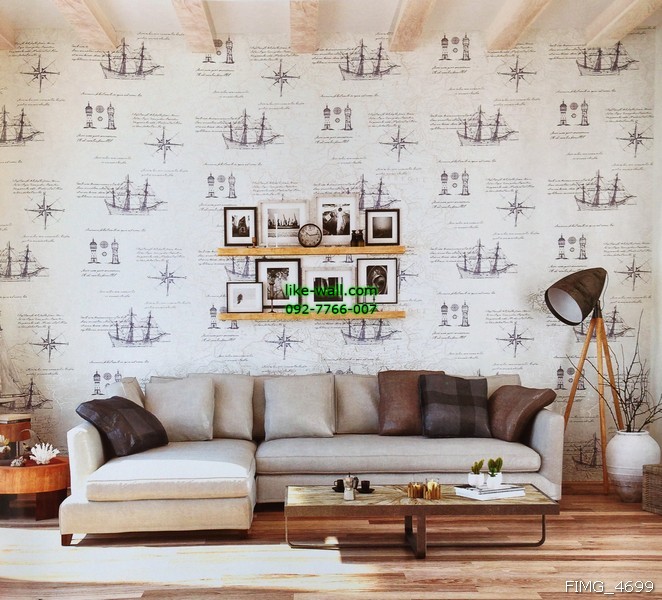ตัวอย่างมุมห้องนั่งเล่นตกแต่งด้วย วอลเปเปอร์ติดผนัง ลายตัวอักษร