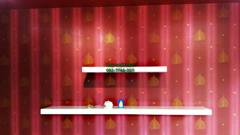 ผลงานตัวอย่าง การติดวอลเปเปอร์ติดผนัง ลายใบโพธิ์ สีแดง ย่านร่มเกล้า