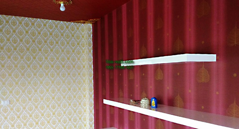 ผลงานตัวอย่าง การติดวอลเปเปอร์ติดผนัง ลายใบโพธิ์และลายพุดตาน ย่านร่มเกล้า