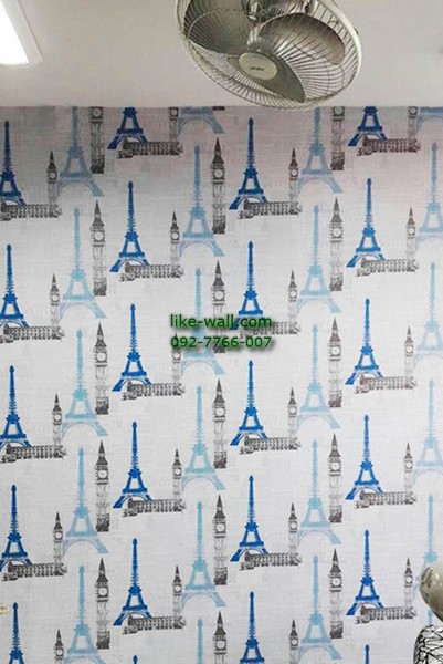 ผลงานตัวอย่าง การติดวอลเปเปอร์ติดผนัง ลายหอไอเฟล ภายในร้านกาแฟ