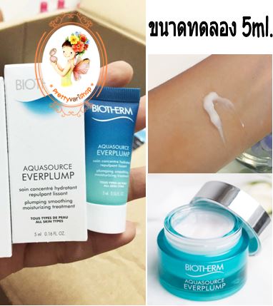 Biotherm Aquasource Everplump ขนาดทดลอง 5 ml. มอยซ์เจอไรเซอร์ใหม่ล่าสุดจากไบโอเธิร์ม ที่จะให้คุณสัมผัสได้ถึงผิวเรียบเนียนใน 1 วินาที และลดเลือนริ้วรอยแรกเริ่มใน 1 สัปดาห์! เนือสัมผัสแบบเจลเข้มข้น พอทาลงไปนื้อเจลจะแตกตัวเป็นละอองความชุ่มชื้น ขน