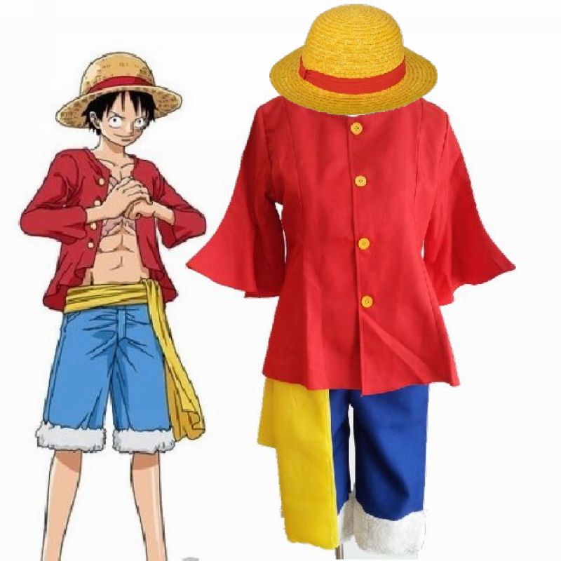 ++พร้อมส่ง++ชุดคอสเพลย์ลูฟี่ วันพีซ one piece เสื้อแขนกระดิ่ง กางเกงสียีนส์ พร้อมหมวกฟางเข้าชุด ชุดวันพีช