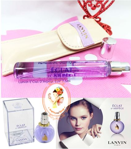 Lanvin EClat D'Arpege EDP. ขนาดทดลอง 7.5ml. น้ำหอมลองแวงหัวสเปรย์ พร้อมกระเป๋าหนัง โดดเด่นด้วยกลิ่นหอมบางเบาละมุนละไมจากดอกไม้หลากชนิด เพิ่มความสะอาดและสดชื่นด้วยกลิ่นหอมจากใบชา ช่วยดึงความอ่อนหวานดั่งสาวน้อยน่ารักออกจากภายในตัวคุณ