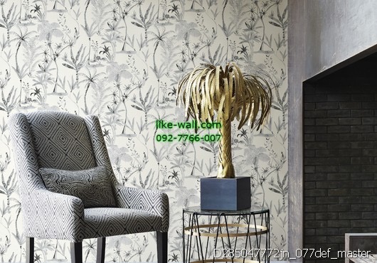 ตัวอย่างภายในห้องตกแต่งด้วย วอลเปเปอร์ติดผนัง ลายต้นไม้ธรรมชาติ สีเทา