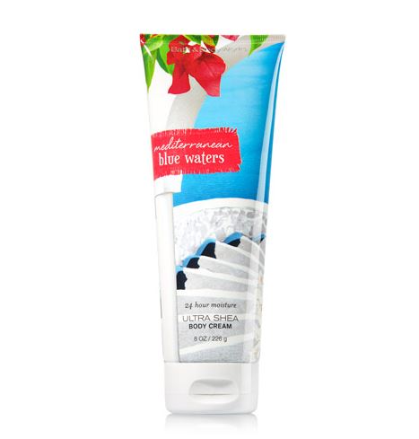 Bath & Body Works Mediterranean Blue Waters 24 Hour Moisture Ultra Shea Body Cream 226g. ครีมบำรุงผิวสุดเข้มข้น เติมความชุ่มชื่นให้กับผิวที่ต้องการการบำรุงเป็นพิเศษอีกทั้งมีกลิ่นหอมติดทนนานตลอดวัน