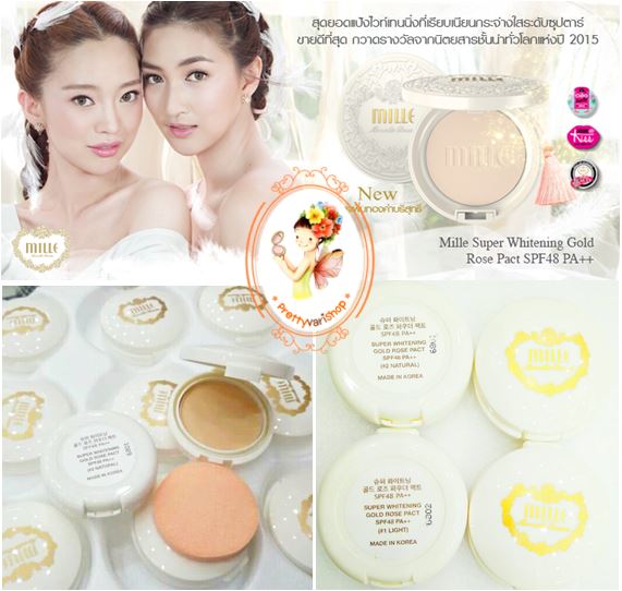 **พร้อมส่ง**Mille Super Whitening Gold Rose Pact SPF48 PA++ ขนาดทดลอง 3g. แป้งผสมรองพื้นสูตรไวท์เทนนิ่ง สูตรใหม่เพิ่มทองคำบริสุทธิ์ มอบผิวเปล่งประกาย เรียบเนียน ระดับ world class ปกป้องผิวจากแสงแดดยาวนาน พร้อมฟื้นฟูผิวหมองคล้ำ เผยเสน่ห์แห่งผิ