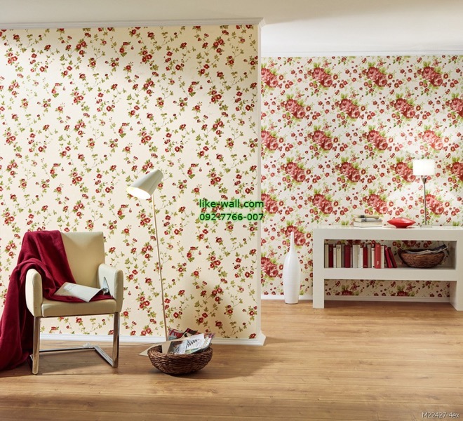 ตัวอย่างผนังภายในห้องตกแต่งด้วย วอลเปเปอร์ติดผนัง ลายดอกไม้ สไตล์วินเทจ สีแดง