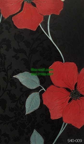 วอลเปเปอร์ติดผนัง ลายดอกไม้สวย สีแดง พื้นหลังสีดำ
